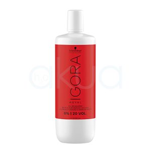 Oxigenada 20vol Igora 1000ml envase cilíndrico, de color blanco con una etiqueta roja que cubre la mayor parte de la superficie H2o Akua