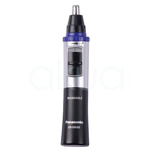 Maquina Panasonic ER-GN30 combina colores negro mate en la parte inferior, plata metálico en el centro y azul en la zona superior, con detalles en negro brillante alrededor de la cuchilla H2o Akua