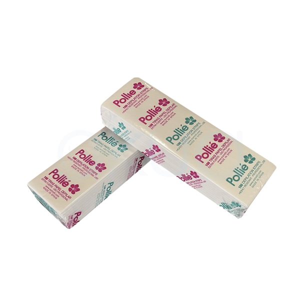 Papel depilar 200 uni. Pollie los paquetes son rectangulares, de color blanco, con el logotipo y la información de la marca impresos en colores fucsia y verde agua, junto a un diseño de flor H2o Akua