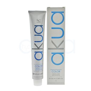 Tinte Akua color 100ml el envase como la caja son de color gris claro mate, con el nombre "akua" impreso en letras grandes y verticales de color azul y gris. En la parte inferior se indica la capacidad del producto (100 ml) y la descripción "crema color permanente" H2o Akua