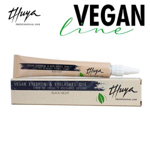 Tinte para Cejas y Pestañas Black Night Thuya El color predominante de la imagen es un beige claro, que cubre tanto el tubo como la caja del producto. En la etiqueta y el envase se utiliza texto en color negro y azul oscuro H2o Akua