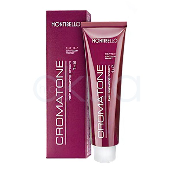 Tinte Cromatone Montibello OUTLET el color predominante en la imagen es burdeos o vino tinto con acabado brillante, presente tanto en el tubo como en la caja del producto. Los textos y detalles están impresos en blanco H2o Akua
