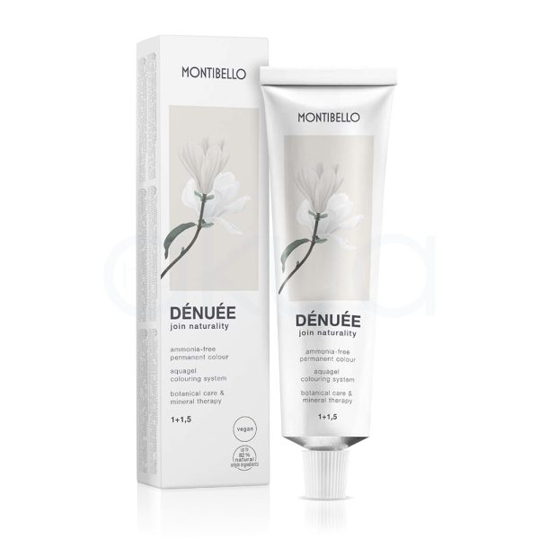 Tinte Denuee Montibello el color predominante es blanco, tanto en el tubo como en la caja del producto. Sobre el fondo blanco destaca una ilustración de una flor en tonos beige y verde suave. Los textos están impresos en negro, lo que aporta contraste y claridad H2o Akua