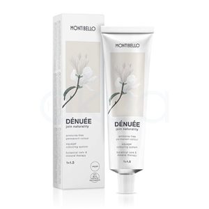 Tinte Denuee Montibello el color predominante es blanco, tanto en el tubo como en la caja del producto. Sobre el fondo blanco destaca una ilustración de una flor en tonos beige y verde suave. Los textos están impresos en negro, lo que aporta contraste y claridad H2o Akua