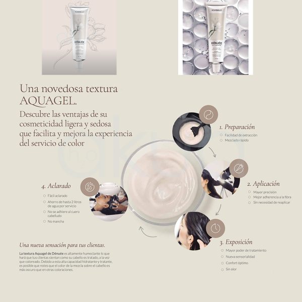 Tinte Denuee Montibello el color predominante es blanco, tanto en el tubo como en la caja del producto. Sobre el fondo blanco destaca una ilustración de una flor en tonos beige y verde suave. Los textos están impresos en negro, lo que aporta contraste y claridad H2o Akua