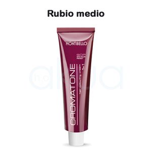 Tinte Cromatone Rubio Medio Montibello el color predominante en la imagen es burdeos o vino tinto con acabado brillante, presente tanto en el tubo como en la caja del producto. Los textos y detalles están impresos en blanco H2o Akua