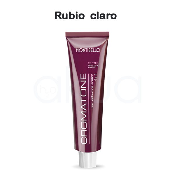 Tinte Cromatone Rubio claro Montibello el color predominante en la imagen es burdeos o vino tinto con acabado brillante, presente tanto en el tubo como en la caja del producto. Los textos y detalles están impresos en blanco H2o Akua