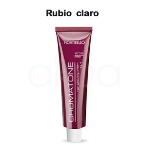 Tinte Cromatone Rubio claro Montibello el color predominante en la imagen es burdeos o vino tinto con acabado brillante, presente tanto en el tubo como en la caja del producto. Los textos y detalles están impresos en blanco H2o Akua