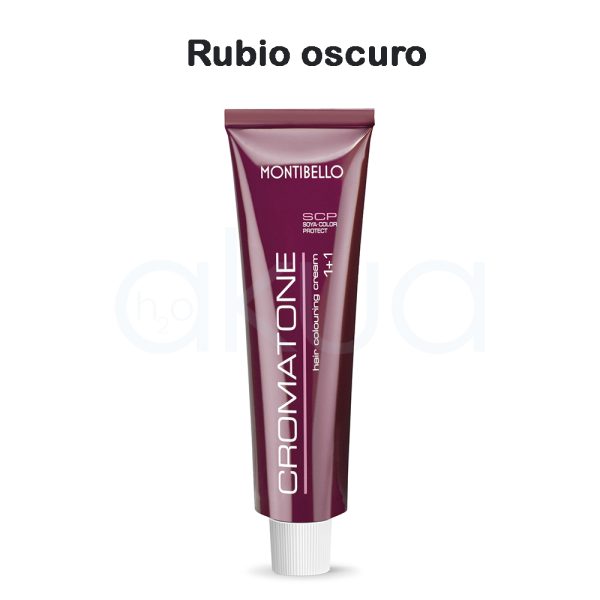 Tinte Cromatone Rubio oscuro Montibello el color predominante en la imagen es burdeos o vino tinto con acabado brillante, presente tanto en el tubo como en la caja del producto. Los textos y detalles están impresos en blanco H2o Akua