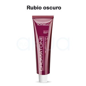 Tinte Cromatone Rubio oscuro Montibello el color predominante en la imagen es burdeos o vino tinto con acabado brillante, presente tanto en el tubo como en la caja del producto. Los textos y detalles están impresos en blanco H2o Akua