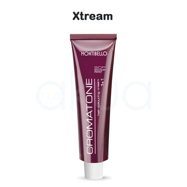 Tinte Cromatone Xtream Montibello el color predominante en la imagen es burdeos o vino tinto con acabado brillante, presente tanto en el tubo como en la caja del producto. Los textos y detalles están impresos en blanco H2o Akua