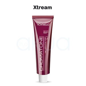 Tinte Cromatone Xtream Montibello el color predominante en la imagen es burdeos o vino tinto con acabado brillante, presente tanto en el tubo como en la caja del producto. Los textos y detalles están impresos en blanco H2o Akua