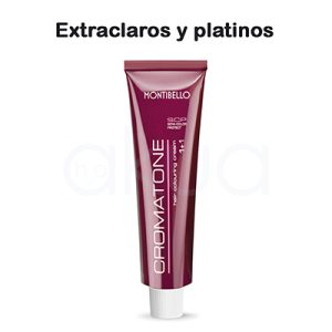 Tinte Cromatone extraclaro y platino Montibello el color predominante en la imagen es burdeos o vino tinto con acabado brillante, presente tanto en el tubo como en la caja del producto. Los textos y detalles están impresos en blanco H2o Akua