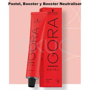 Tinte Igora Pastel y booster neutraliser el color predominante en la imagen es rojo con descripción y tapon en negro H2o Akua