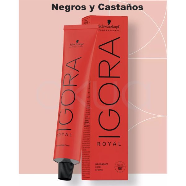 Tinte Igora Negros y Castaños el color predominante en la imagen es rojo con descripción y tapon en negro H2o Akua