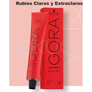Tinte igora Rubios claros y extraclaros el color predominante en la imagen es rojo con descripción y tapon en negro H2o Akua