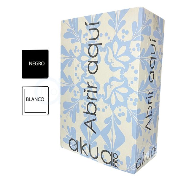 Toalla desechable Box 300 unidades H2oAkua el color predominante es un fondo blanco o crema claro, decorado con un patrón floral en azul claro (tono pervinca). Los textos y logotipos están impresos en color negro H2o Akua
