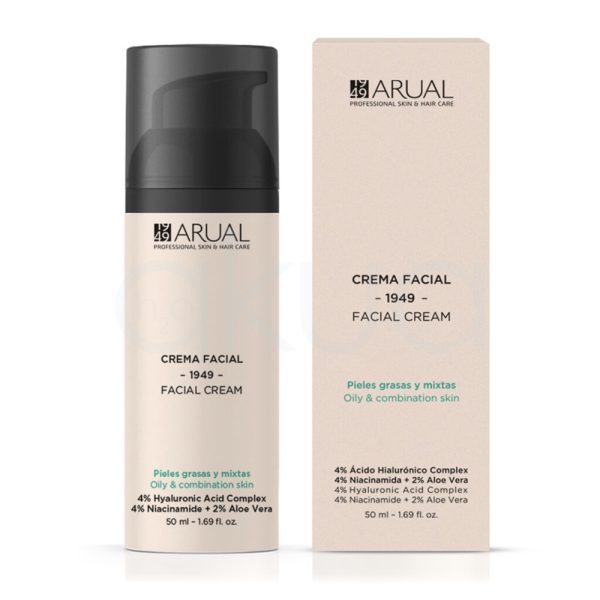 Crema facial Arual Antiedad pieles grasas y mixtas el color predominante de la imagen es beige claro, presente tanto en el envase como en la caja del producto. El dispensador y la parte superior del envase son de color negro mate H2o Akua