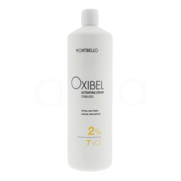 Oxigenada Oxibel 2% Montibello 1l envase de color blanco, de forma cilíndrica y con tapa de rosca. En la etiqueta indica que se trata de una crema activadora estabilizada H2o Akua