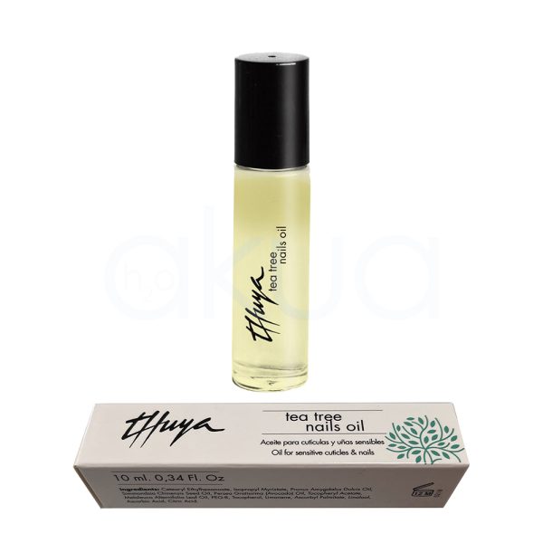Aceite Thuya cuticulas y uñas sensibles Rol-on Tea Tree 10ml El producto tiene un envase cilíndrico de vidrio transparente, permitiendo ver el contenido líquido de color amarillo claro en su interior. Tapa: La parte superior es de color negro brillante, de forma cilíndrica y lisa, que contrasta con el color claro del líquido. Etiqueta: En la parte frontal del frasco se puede leer la marca "Thuya" en letras negras estilizadas, acompañada de la descripción "oil instant liss" en letras más pequeñas y verticales H2o Akua
