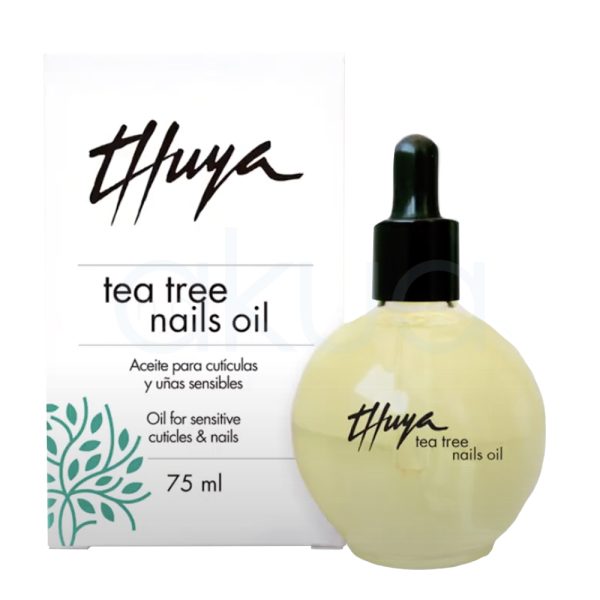 Aceite Thuya cuticulas y uñas sensibles Rol-on Tea Tree 75ml El producto tiene un envase cilíndrico de vidrio transparente, permitiendo ver el contenido líquido de color amarillo claro en su interior. Tapa: La parte superior es de color negro brillante, de forma cilíndrica y lisa, que contrasta con el color claro del líquido. Etiqueta: En la parte frontal del frasco se puede leer la marca "Thuya" en letras negras estilizadas, acompañada de la descripción "oil instant liss" en letras más pequeñas y verticales H2o Akua