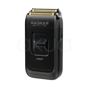 Afeitadora Ragnar Comet 07084/50 El color predominante es negro mate, con detalles en dorado en la parte superior de las láminas de corte. El botón frontal y las inscripciones también son de color blanco o gris claro, lo que resalta sobre el fondo oscuro H2o Akua