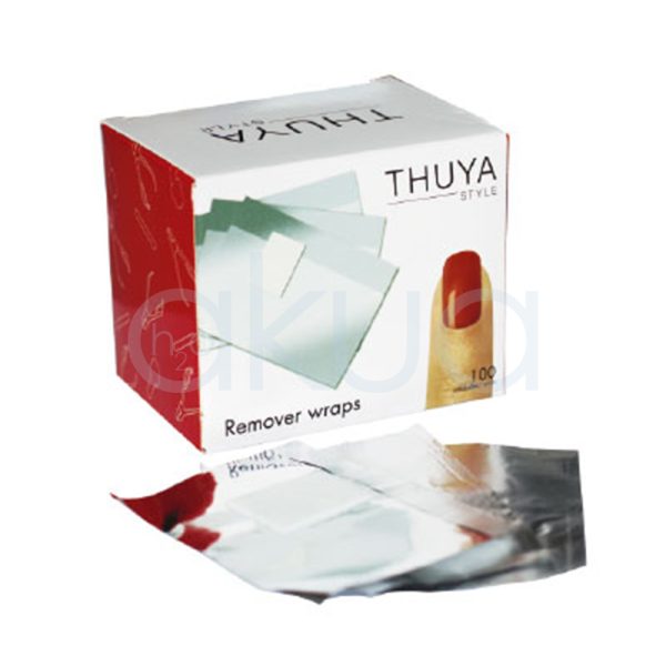 Aluminio Thuya uñas Remover Wraps 100Ud El color predominante en la caja del producto es el blanco, cubriendo la mayor parte de su superficie y aportando un aspecto limpio y profesional. Los laterales y parte del fondo de la caja presentan un tono rojo intenso. El texto principal, incluyendo la marca "THUYA STYLE" y la descripción del producto, está impreso en negro, destacando claramente sobre el fondo blanco. Las hojas de aluminio que aparecen en primer plano y en la ilustración de la caja son de color gris metálico brillante, típico del aluminio.H2o Akua