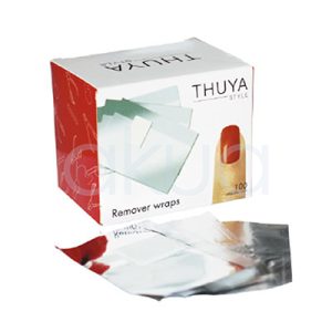 Aluminio Thuya uñas Remover Wraps 100Ud El color predominante en la caja del producto es el blanco, cubriendo la mayor parte de su superficie y aportando un aspecto limpio y profesional. Los laterales y parte del fondo de la caja presentan un tono rojo intenso. El texto principal, incluyendo la marca "THUYA STYLE" y la descripción del producto, está impreso en negro, destacando claramente sobre el fondo blanco. Las hojas de aluminio que aparecen en primer plano y en la ilustración de la caja son de color gris metálico brillante, típico del aluminio.H2o Akua