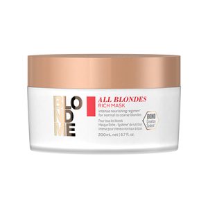 Mascarilla todo rubios All Blondes Blondme 200ml Schwarzkopf de color blanco mate en la base y cuerpo, con una tapa de color dorado rosado metálico. El texto “BLONDME” aparece en letras grandes con acabado dorado y negro, mientras que el nombre del producto “ALL BLONDES RICH MASK” está resaltado en rojo H2o Akua