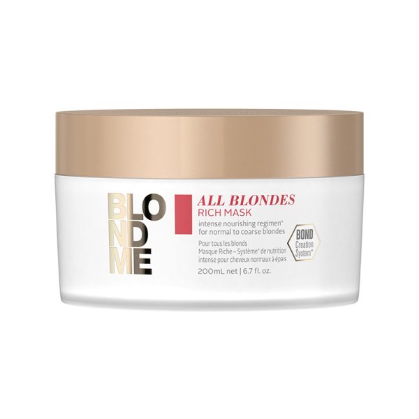 Mascarilla todo rubios All Blondes Blondme 200ml Schwarzkopf de color blanco mate en la base y cuerpo, con una tapa de color dorado rosado metálico. El texto “BLONDME” aparece en letras grandes con acabado dorado y negro, mientras que el nombre del producto “ALL BLONDES RICH MASK” está resaltado en rojo H2o Akua