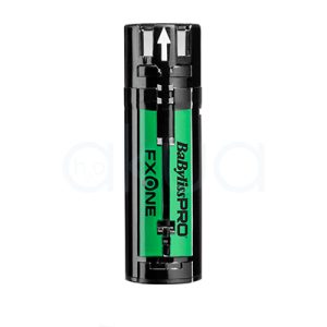 Bateria Babyliss pro repuesto BAB-FXBB33 Es principalmente de color negro brillante en los extremos y en el centro, con una franja vertical verde en el cuerpo central. Sobre la franja verde se encuentran impresos los textos “FXONE” y “BaBylissPRO” en negro. En la parte superior, hay una flecha blanca señalando hacia arriba. H2o Akua