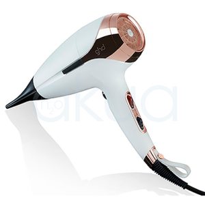 Secador ghd Helios Blanco cuerpo donde predomina el color blanco con detalles en color oro rosado y negro H2o Akua