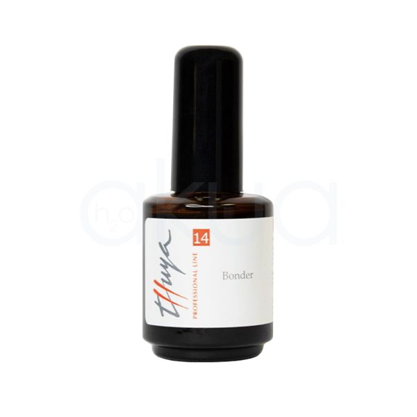 Bonder Thuya 14ml principalmente de color ámbar oscuro (marrón) con una tapa negra brillante. La etiqueta es blanca, con detalles en naranja y gris, incluyendo el número 14 en un recuadro naranja y el nombre del producto en letras grises y naranjas H2o Akua