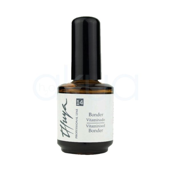 Bonder Thuya vitaminado 14ml de color ámbar oscuro (marrón) y tiene una tapa de color negro brillante. La etiqueta es blanca con detalles en gris y el número "14" destacado en un recuadro gris. El texto de la etiqueta está impreso en tonos grises. H2o Akua