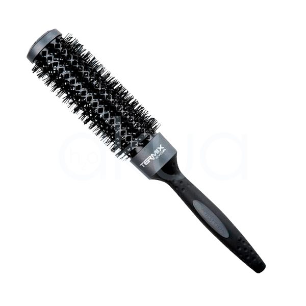 Cepillo Termico Termix XL EVO de color negro. Presenta detalles en gris oscuro en la zona cercana al cabezal y en una banda alrededor del mango, donde también se observa el nombre de la marca en letras blancas. Las cerdas y el cilindro principal del cepillo son de color negro.H2o Akua