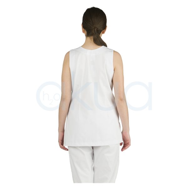 Chaleco Peluqueria / Estetica Blanco 51304700b prenda sin mangas de color blanco con cierre con cremallera de color morado con detalles en los bordes de linea amarilla y roja con bolsillos H2o Akua