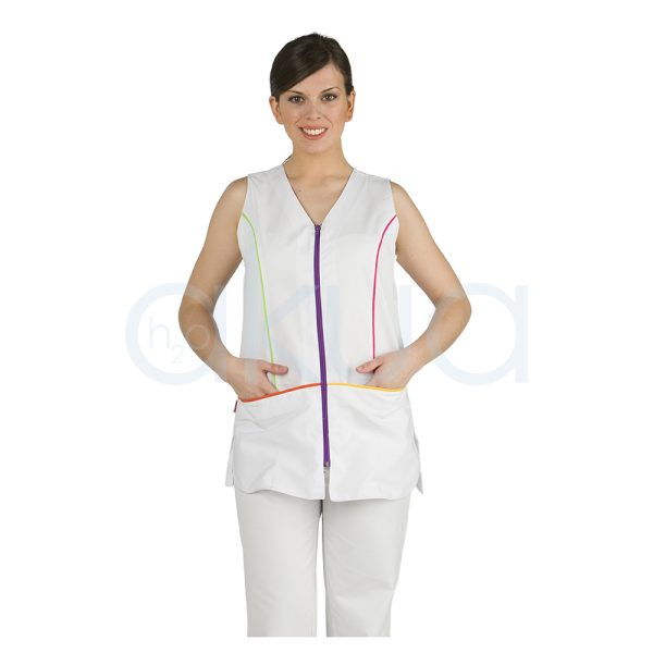 Chaleco Peluqueria / Estetica Blanco 51304700b prenda sin mangas de color blanco con cierre con cremallera de color morado con detalles en los bordes de linea amarilla y roja con bolsillos H2o Akua