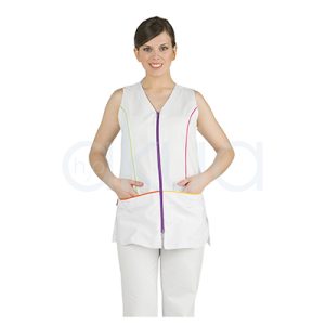 Chaleco Lacla Blanco de color blanco con detalles de líneas en varios colores: una línea verde en el lado izquierdo, una línea fucsia en el lado derecho, una línea naranja cerca de los bolsillos y una cremallera morada en el centro H2o Akua