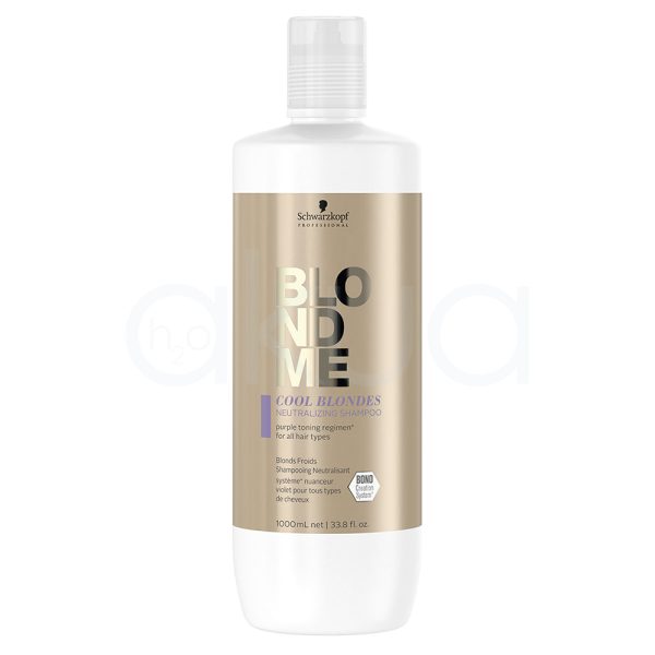 Champu Neutralizante Rubios frios Blondme 1000ml Schwarzkopf Color blanco en la parte superior e inferior, mientras que la etiqueta central es de un tono dorado metálico. El texto “BLONDME” aparece en letras grandes con acabado metálico y negro, y hay detalles en lila H2o Akua