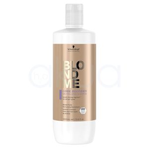 Champu Neutralizante Rubios frios Blondme 1000ml Schwarzkopf Color blanco en la parte superior e inferior, mientras que la etiqueta central es de un tono dorado metálico. El texto “BLONDME” aparece en letras grandes con acabado metálico y negro, y hay detalles en lila H2o Akua