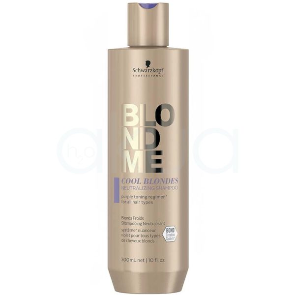 Champu Neutralizante Rubios frios Blondme 300ml Schwarzkopf envase en tono dorado suave y metalico con acabado satinado , logotipo en negro y parte del texto del mismo color