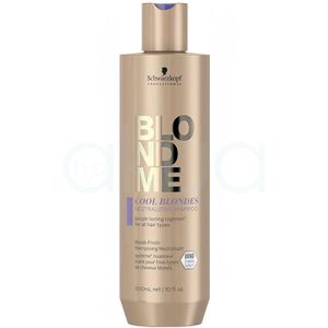 Champu Neutralizante Rubios frios Blondme 300ml Schwarzkopf envase en tono dorado suave y metalico con acabado satinado , logotipo en negro y parte del texto del mismo color H2o Akua