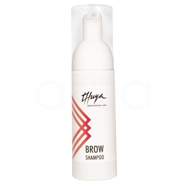 Champu Thuya Brow limpieza cejas 50ml El color principal es blanco mate, tanto en el cuerpo como en el dispensador. Presenta detalles gráficos en tonos rojo y naranja en forma de líneas diagonales en la parte frontal. El logotipo y el texto del producto están impresos en negro, la tapa es translúcida, con un acabado ligeramente opaco que deja ver el dispensador interior. H2o Akua
