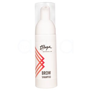 Champu Thuya Brow limpieza cejas 50ml El color principal es blanco mate, tanto en el cuerpo como en el dispensador. Presenta detalles gráficos en tonos rojo y naranja en forma de líneas diagonales en la parte frontal. El logotipo y el texto del producto están impresos en negro, la tapa es translúcida, con un acabado ligeramente opaco que deja ver el dispensador interior. H2o Akua