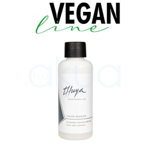 Color remover Thuya vegano 100ml el envase tiene forma cilíndrica y cuerpo recto, es de color mayoritariamente blanco, con detalles en negro y gris. El tapón es completamente negro. En la etiqueta, el nombre de la marca y la información del producto aparecen en letras negras y grises H2o Akua