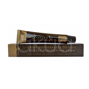 Crema Thuya regeneradora pestañas Aceite Argan 15ml se presenta en un tubo metálico de color dorado con detalles en negro y un tapón negro. El tubo está colocado sobre su caja, que también es dorada con inscripciones en blanco y negro H2o Akua