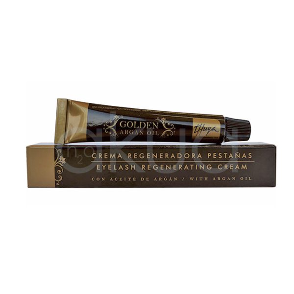 Crema Thuya regeneradora pestañas Aceite Argan 15ml se presenta en un tubo metálico de color dorado con detalles en negro y un tapón negro. El tubo está colocado sobre su caja, que también es dorada con inscripciones en blanco y negro H2o Akua