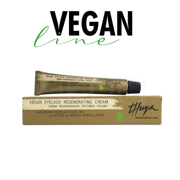 Crema Thuya regeneradora pestañas vegana 15ml se presenta en un tubo metálico de color dorado con tapón negro, acompañado de una caja del mismo tono dorado. Tanto en el tubo como en la caja se destacan textos en negro y blanco, y un pequeño icono de hoja verde que indica su pertenencia a la línea vegana. En la parte superior de la imagen aparece el texto “VEGAN line” en letras negras y verdes H2o Akua