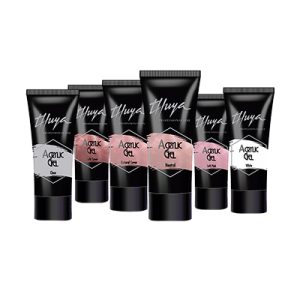 Acrylic Gel Thuya 30ml Se presenta en un tubo flexible de plástico, con tapa de rosca en la parte superior y el color predominante es mayoritariamente de color negro mate, con una franja diagonal en color según la opción de color solicitada en la parte central. H2o Akua