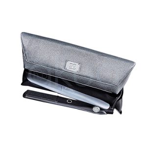 Plancha Gold Couture Collection 20 aniversario. En la imagen se ve una plancha de pelo de diseño moderno guardada en un estuche gris metalizado con textura fina. El estuche es tipo sobre, con solapa triangular y una placa metálica frontal con un logotipo rectangular. H2o Akua